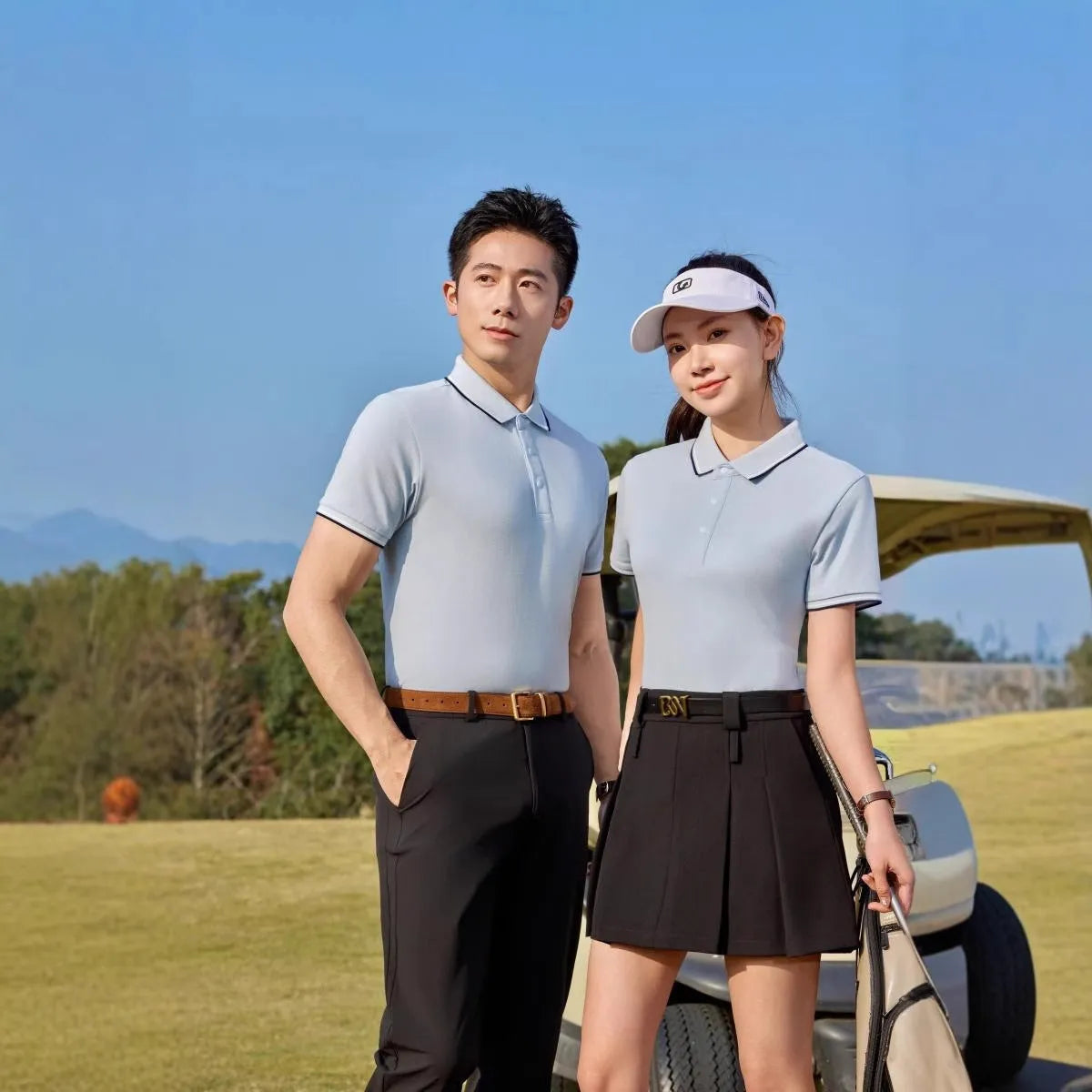 A pure cotton polo shirt with a lapel collar and short sleeves, shown in a light blue colour.