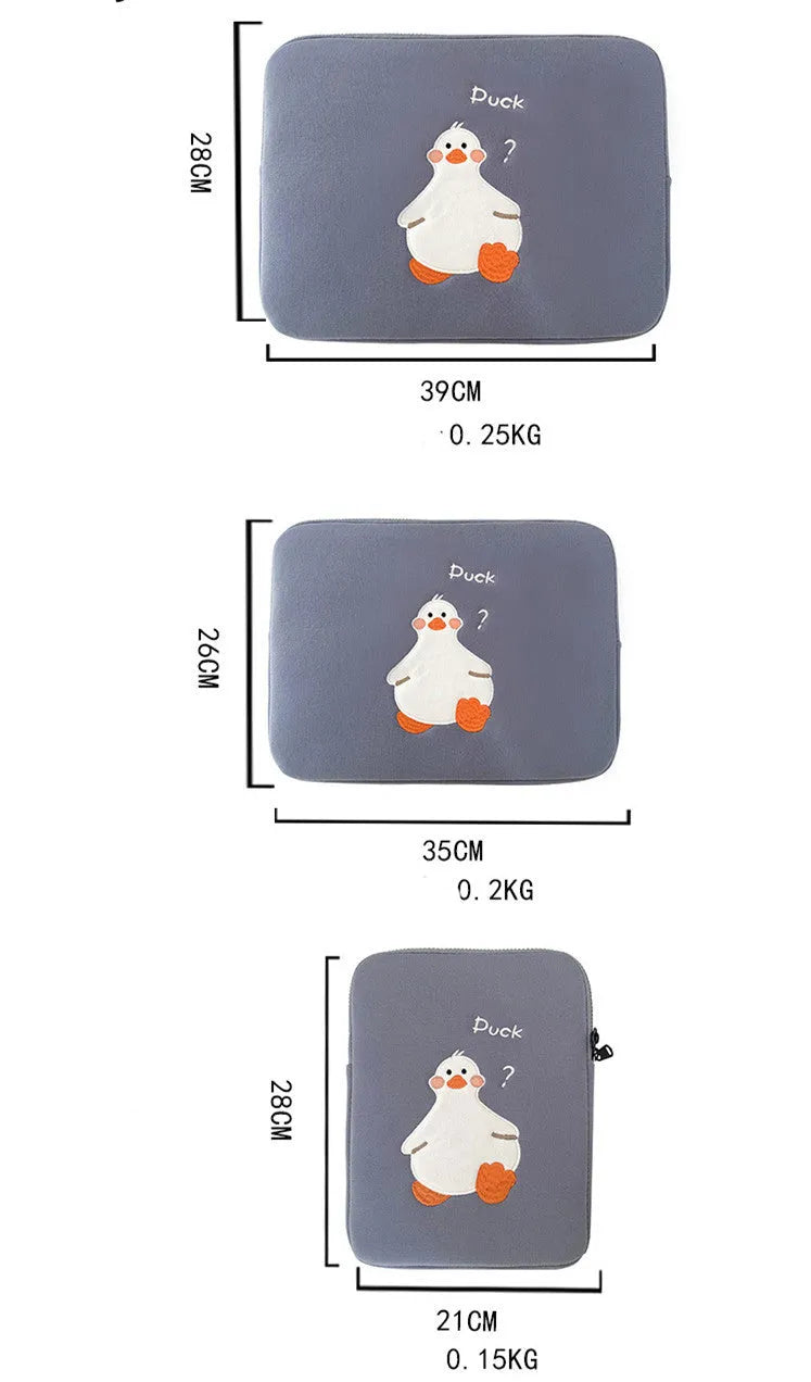 Blue cotton tablet case with cartoon duck embroidery and a zipper closure.