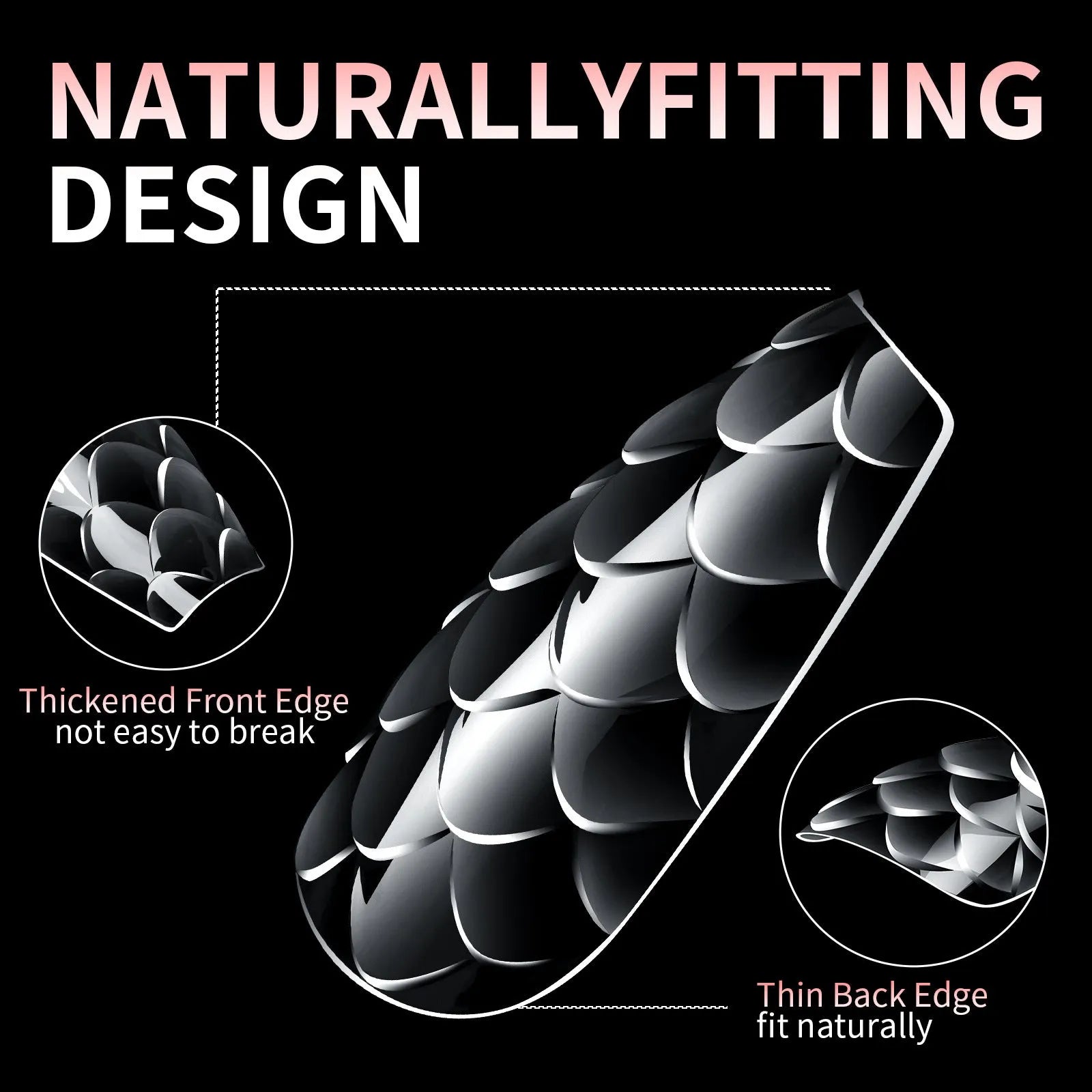 Pack of 3D Scale Long Shaping Nail Tips showing textured surface, labelled with Frigate Box variant code.