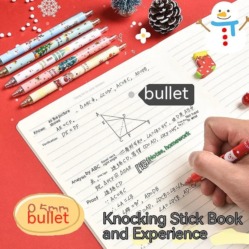 Christmas cartoon-themed plastic signature pen set with six black ink cartridge refills