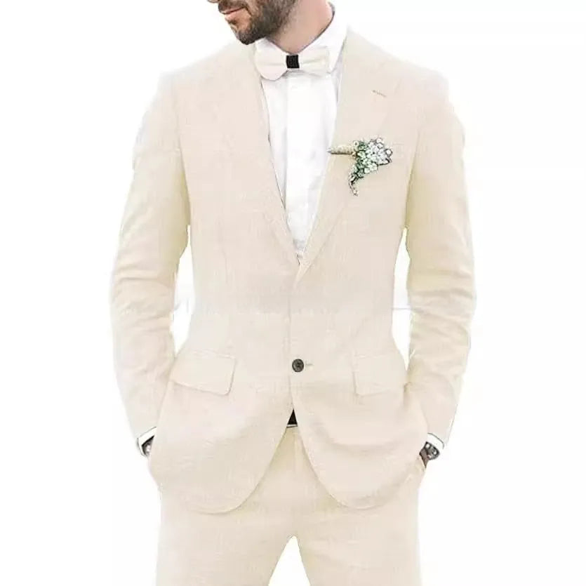 Men's linen hemp blend wedding suit in slim fit with jacket and trousers in dark blue colour