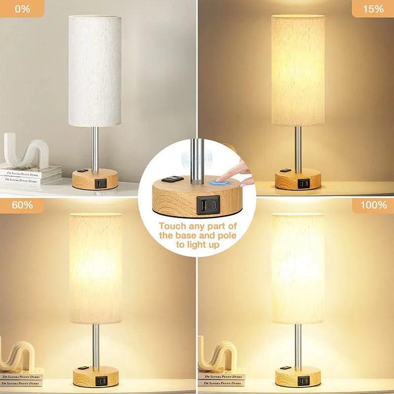 Night Wood Grain touch dimming decorative table lamp with metal base