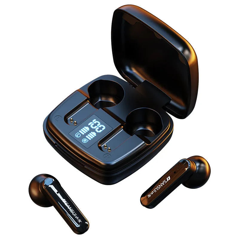 Dark Night Black and Ivory White wireless Bluetooth semi-in-ear earphones with digital battery display.