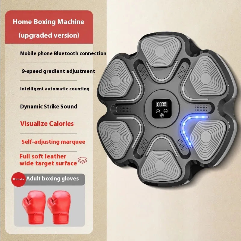 Smart electronic music boxing reaction training target wall unit with gloves, shown in white finish.