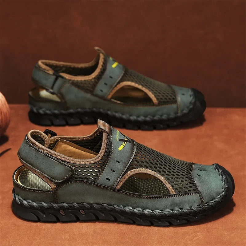 Men's brown leather mesh hollow shoes with round toe and elastic band, showing sewing line details