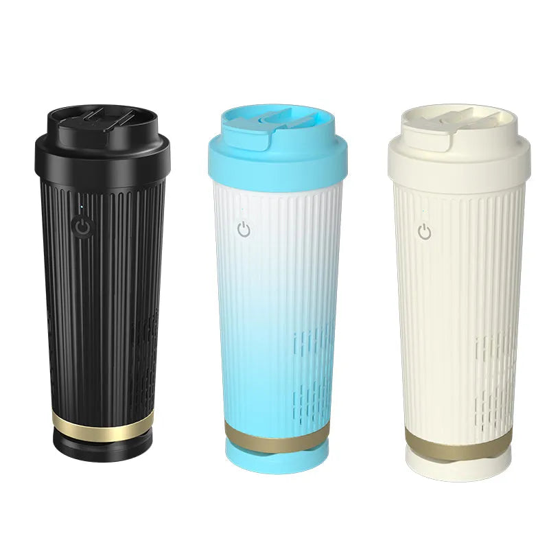Smart heating and cooling cup in black plastic with white interior and 12V car plug