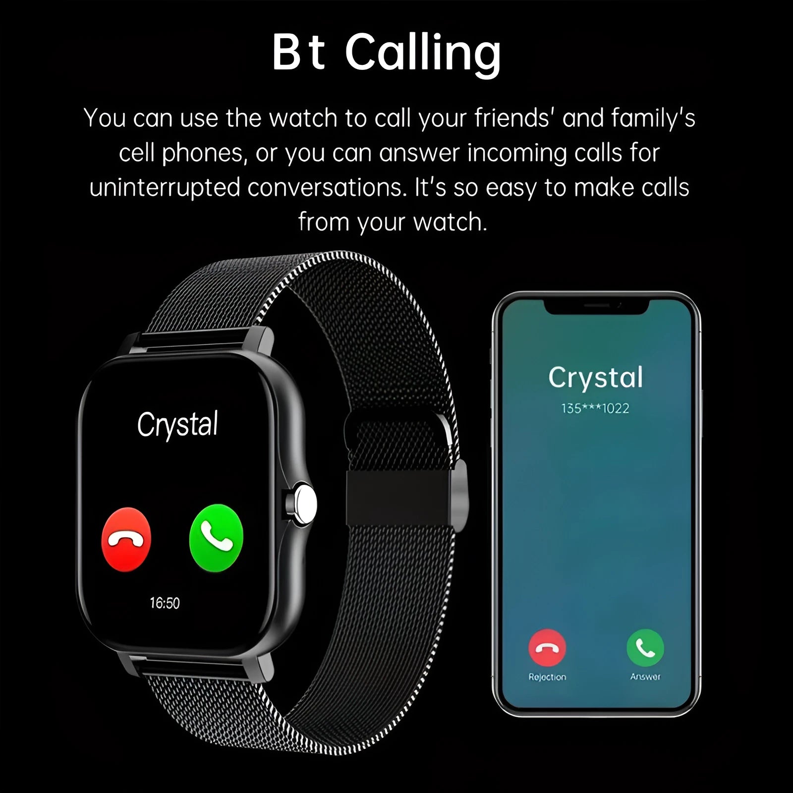 1.44-inch touchscreen smart watch with silicone strap showing Bluetooth calling and health monitoring features