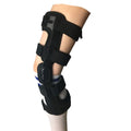 Black anterior ligament knee pad with iron stabilisers showing multi-layer construction