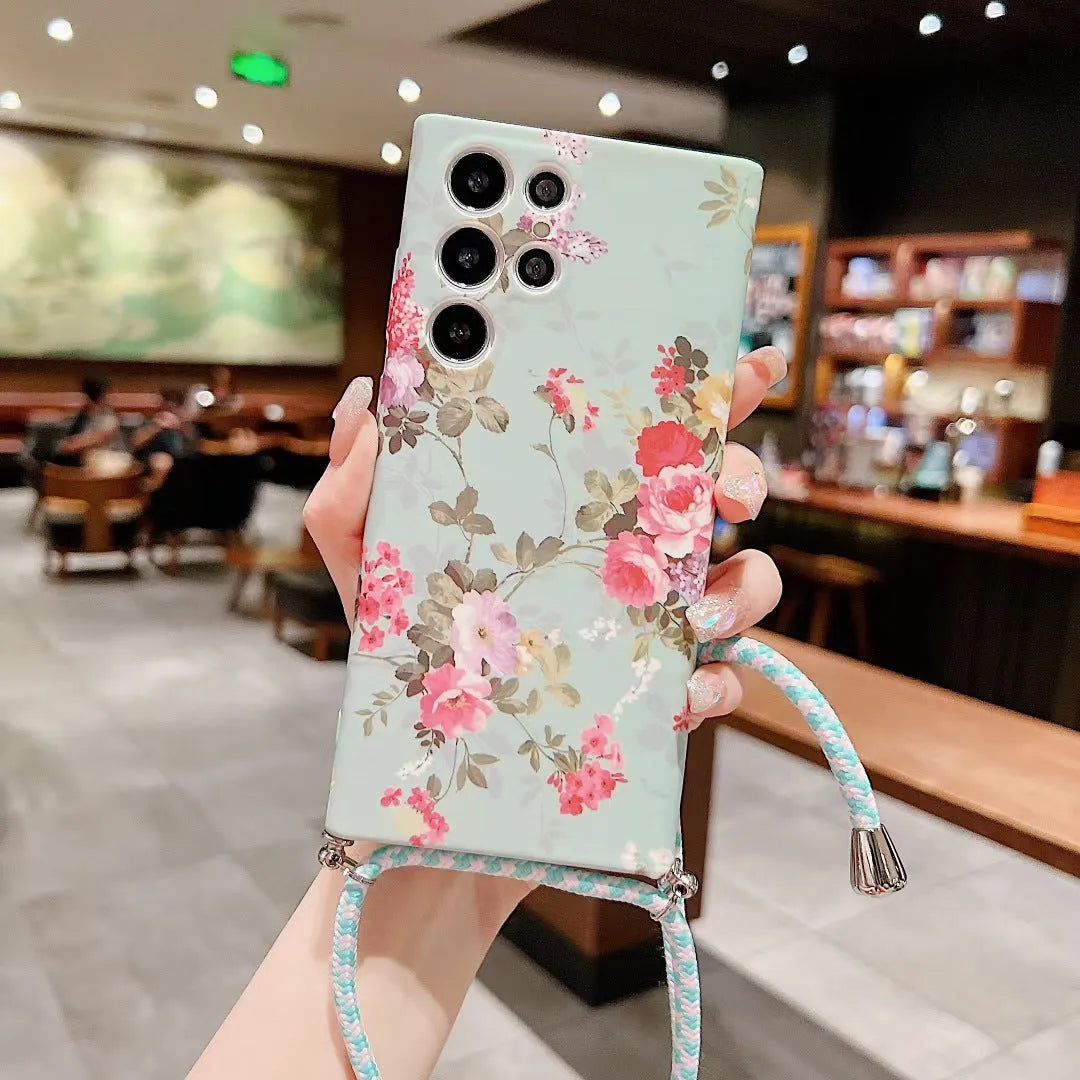 Vintage flower crossbody silicone phone case for Samsung S23 Ultra in green and blue with lanyard