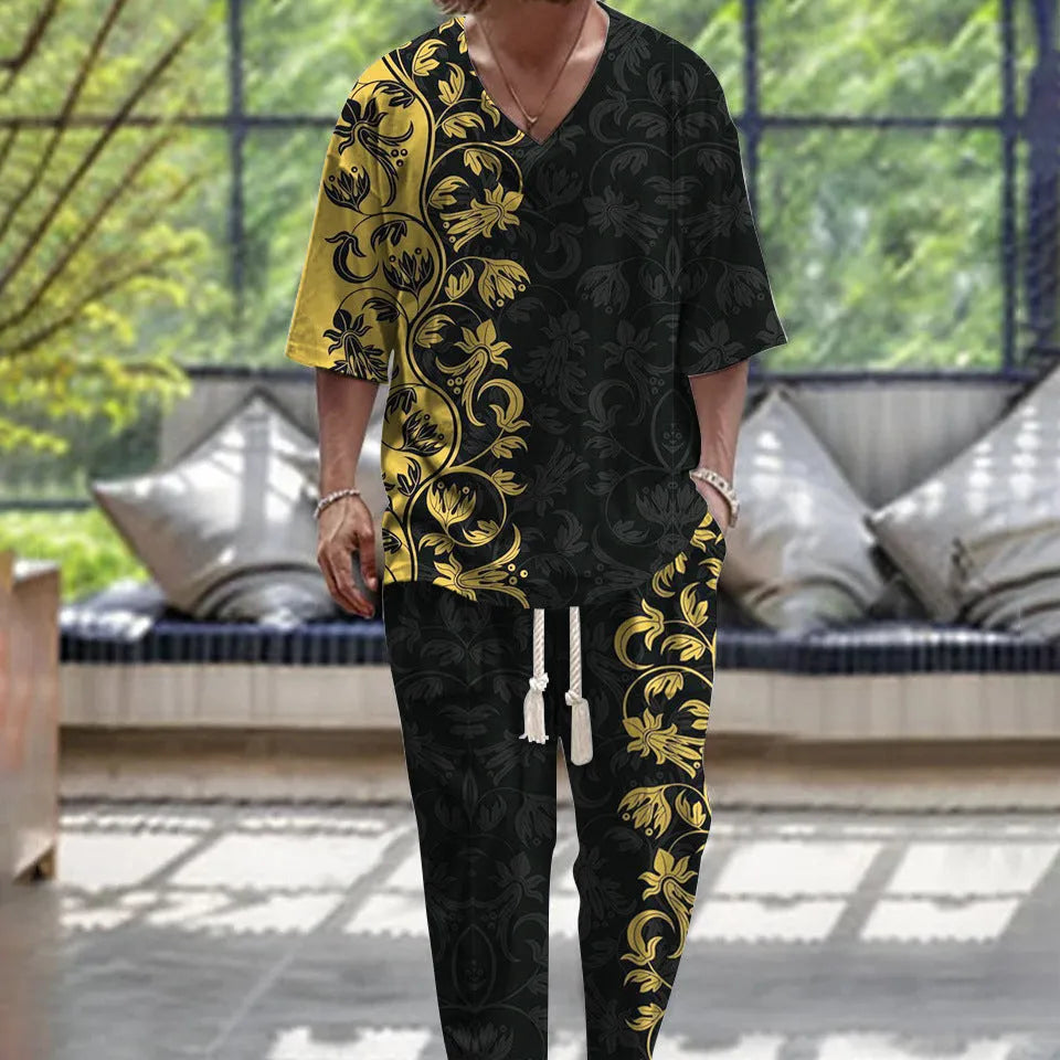 Cropped sleeves V-neck trousers suit in thin polyester fabric with matching top and pants