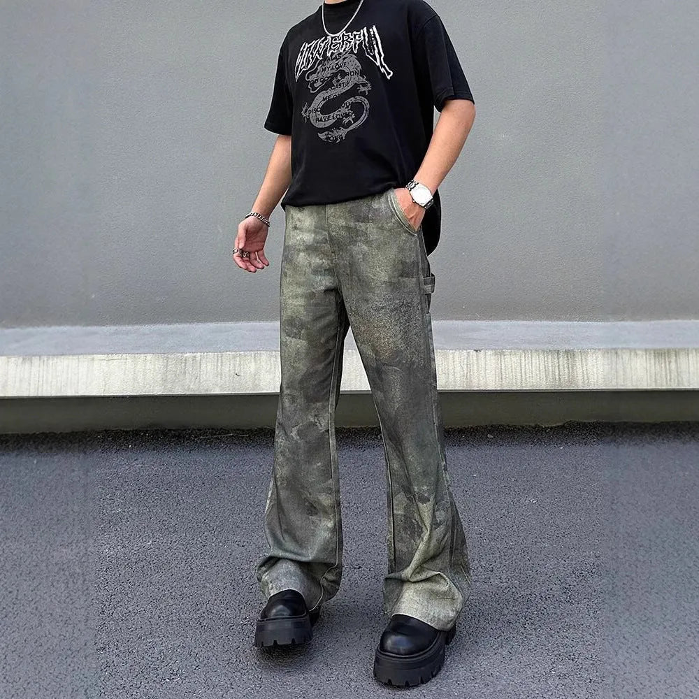 Men's straight leg jeans with a retro digital camouflage print on blue denim fabric.
