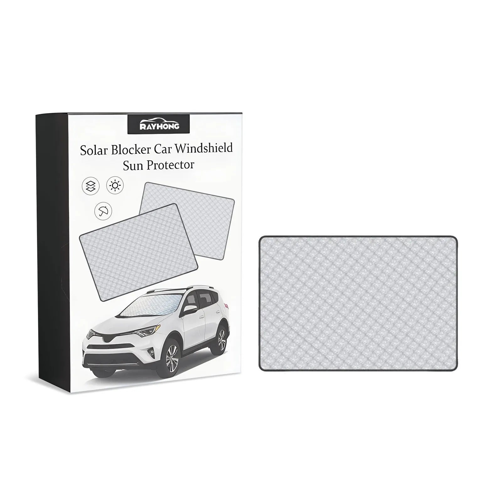 Silver aluminium film car windscreen frost cover measuring 140 by 95 centimetres