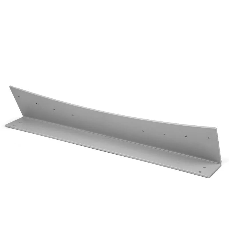 A white PVC golf putter trajectory balance simulator with an adjustable push rod balancer on a grey surface.