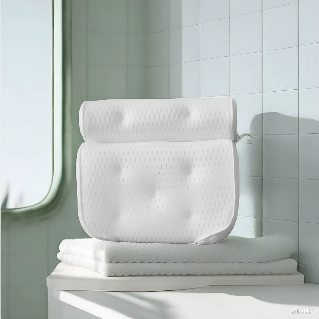 White 4D mesh bathtub pillow with 7 upgrade suction cups, 37X34X10cm