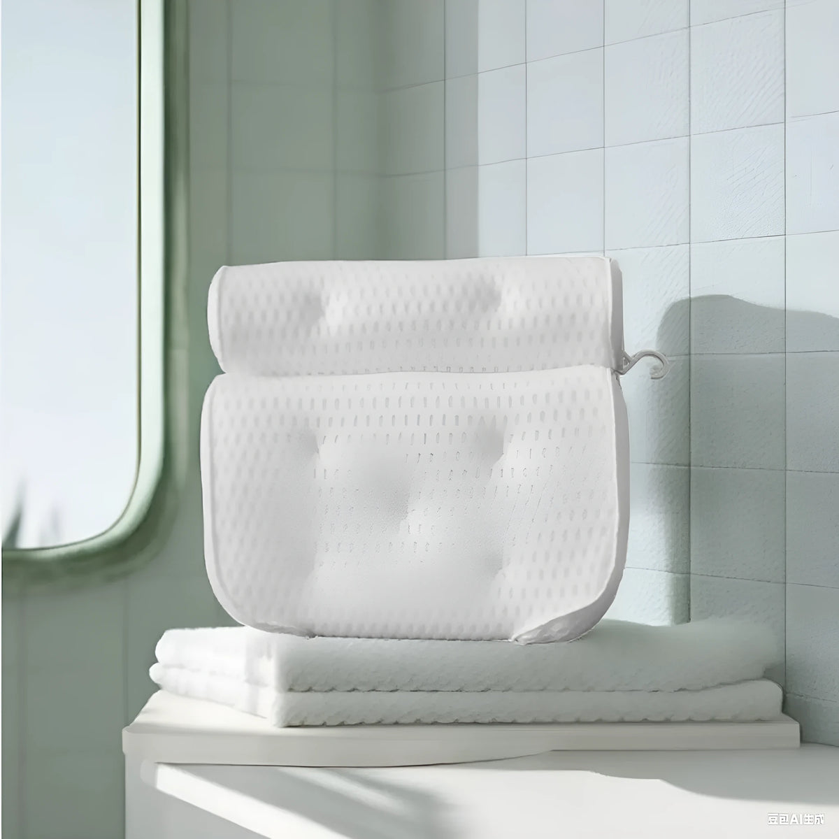 White 4D mesh bathtub pillow with 7 upgrade suction cups, 37X34X10cm