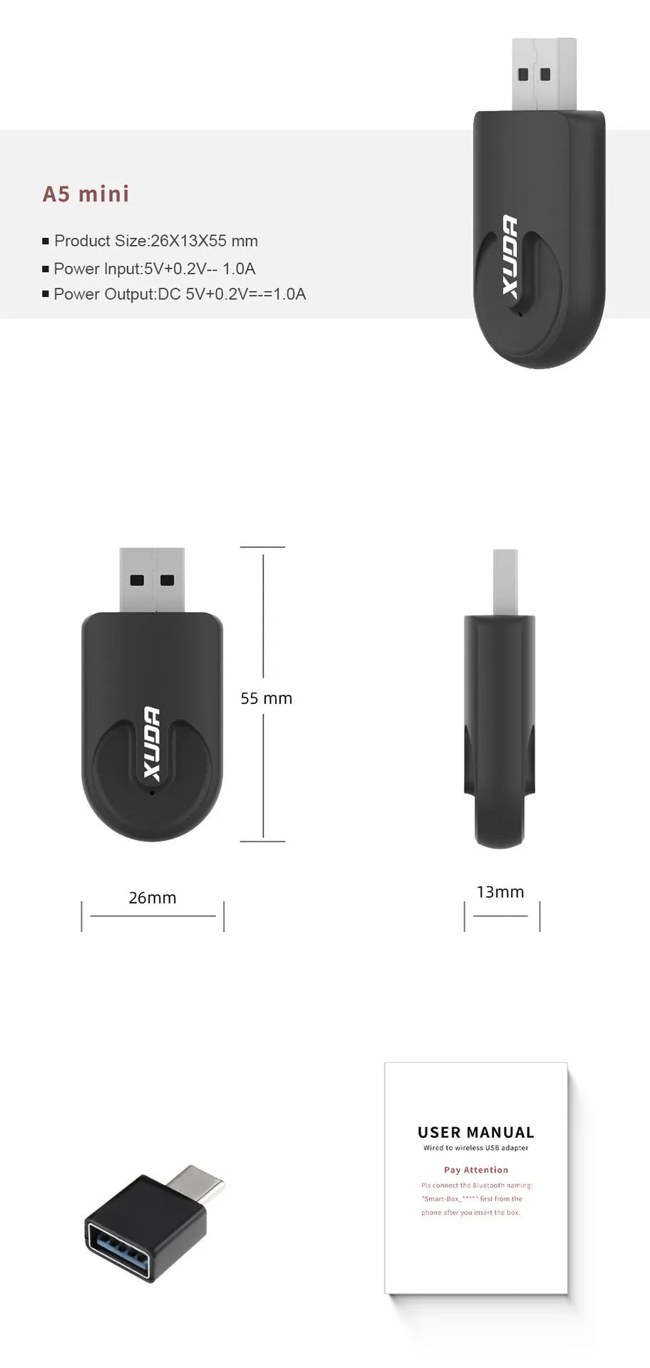 Small black Mini 2-in-1 CarPlay wireless USB adapter showing compact size and USB connector.