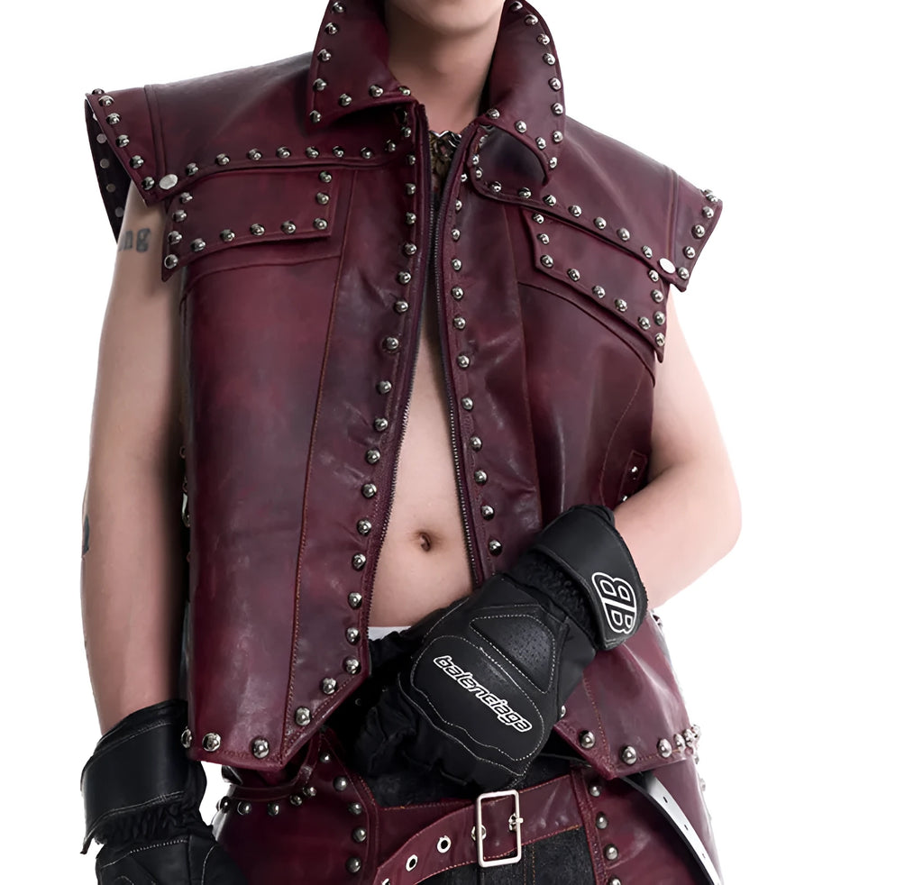 Red leather rivets vest coat with lapel collar and matching pants, Korean-style heavy industry design for men