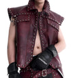 Red leather rivets vest coat with lapel collar and matching pants, Korean-style heavy industry design for men