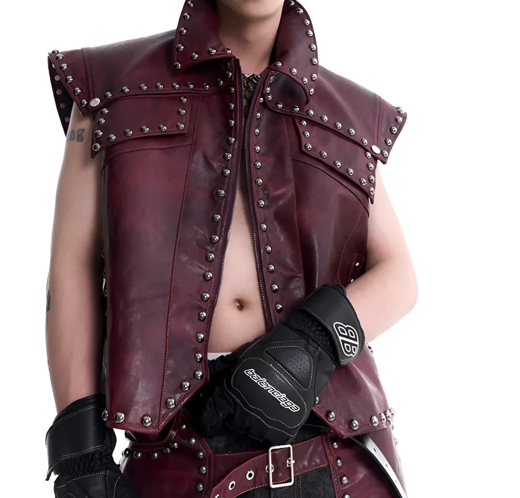 Red leather rivets vest coat with lapel collar and matching pants, Korean-style heavy industry design for men