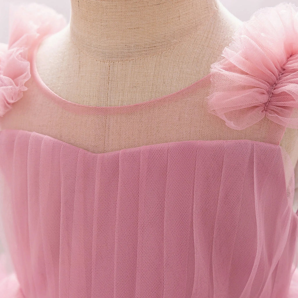 New Children's Sleeveless Mesh Long Dress in Bean Pink for Girls, Trueran Fabric, Available in Multiple Sizes