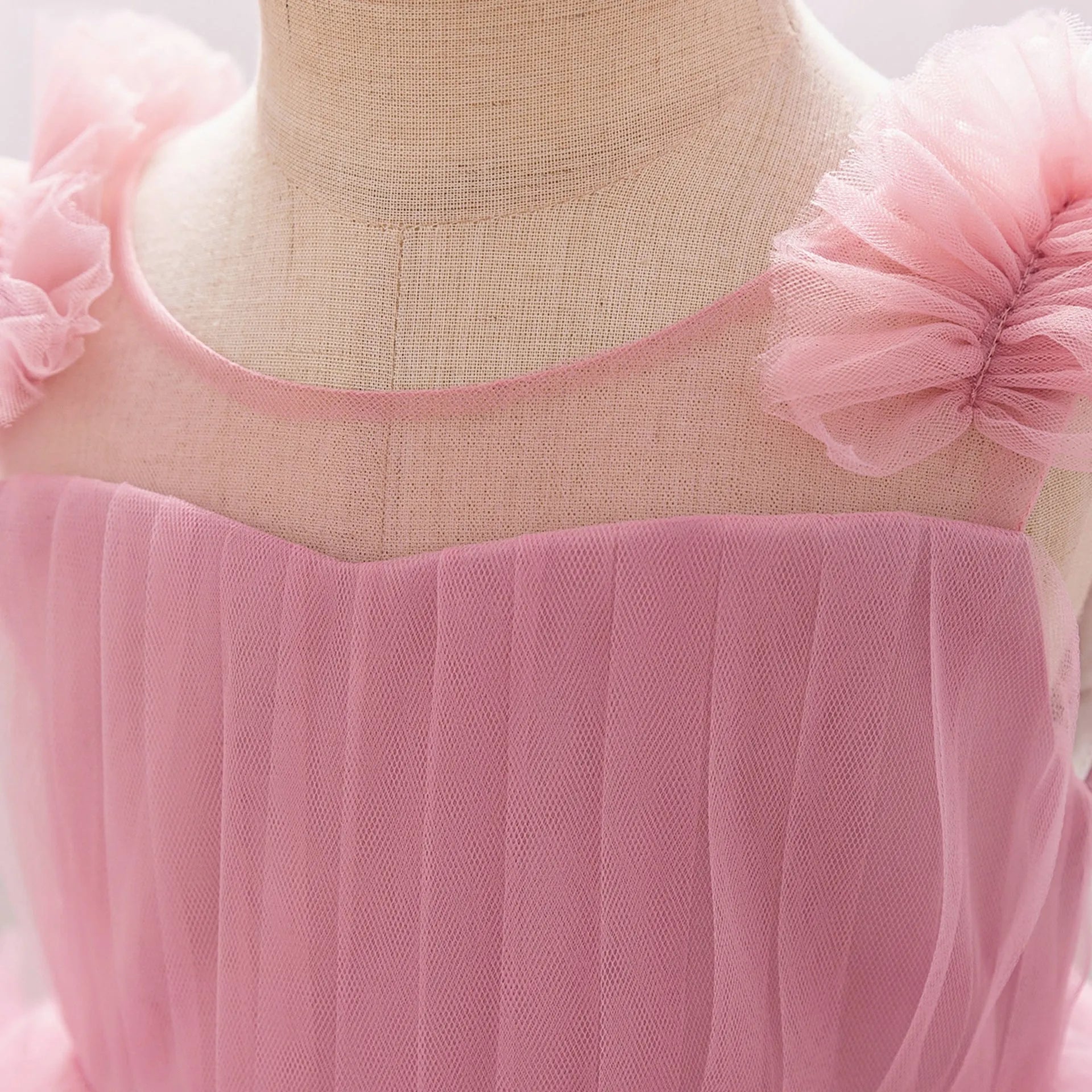 New Children's Sleeveless Mesh Long Dress in Bean Pink for Girls, Trueran Fabric, Available in Multiple Sizes