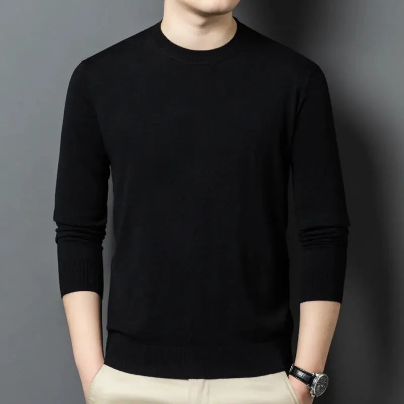 Men's round neck long sleeve sweater in wool and mulberry silk, shown in a choice of colours for winter.