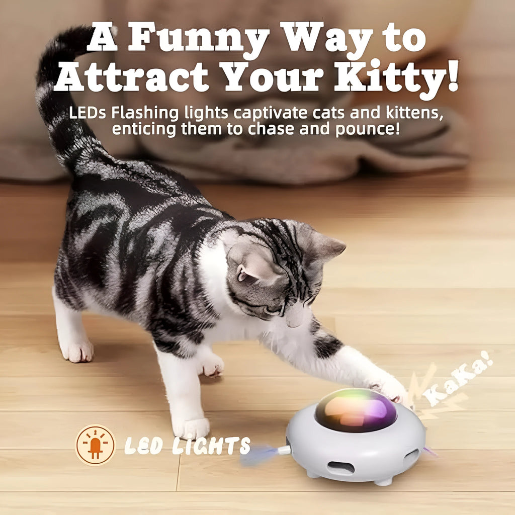 White UFO-shaped automatic cat toy with feathers, LED lights, and a detachable hair-cleaning ring.