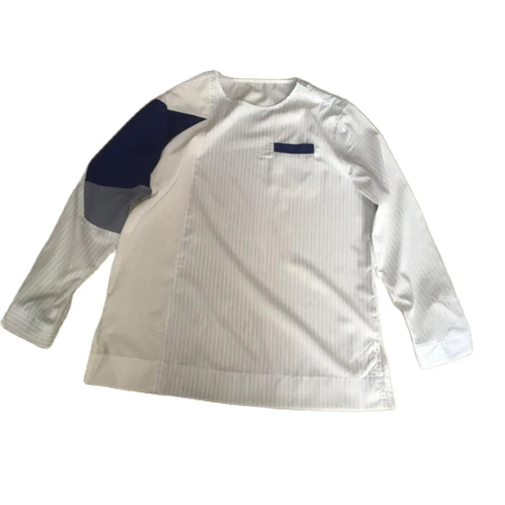Men's slim fit white cotton long sleeved shirt with printed pattern, front view.
