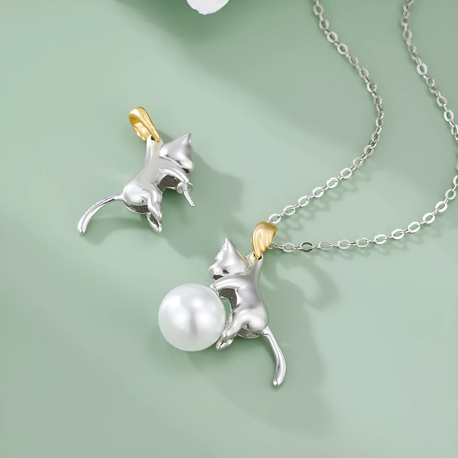925 sterling silver clavicle necklace with a cat pendant and electroplated finish.