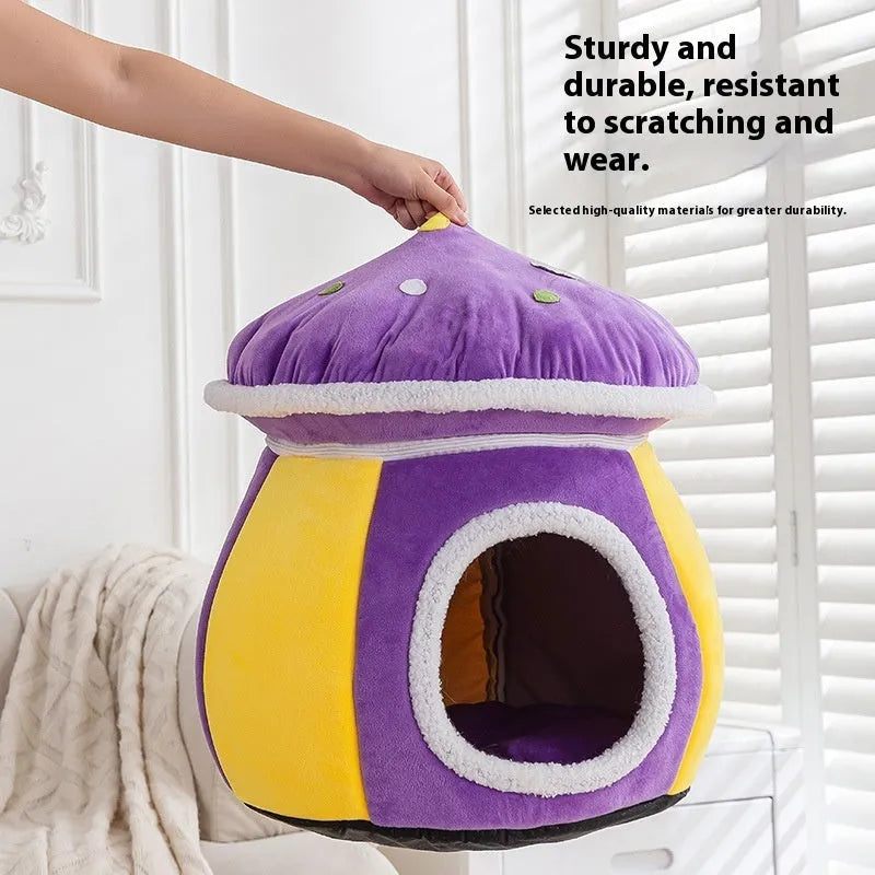 Mushroom-shaped cat nest with plush lining in grey, pink, or purple colours