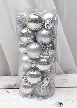 Assortment of 3cm shiny matte Christmas ball decorations in gold, red, silver, blue, and pink colours.