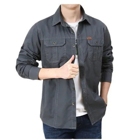 Men's cotton military-style loose fit long-sleeve shirt in army green, available in sizes M to 6XL