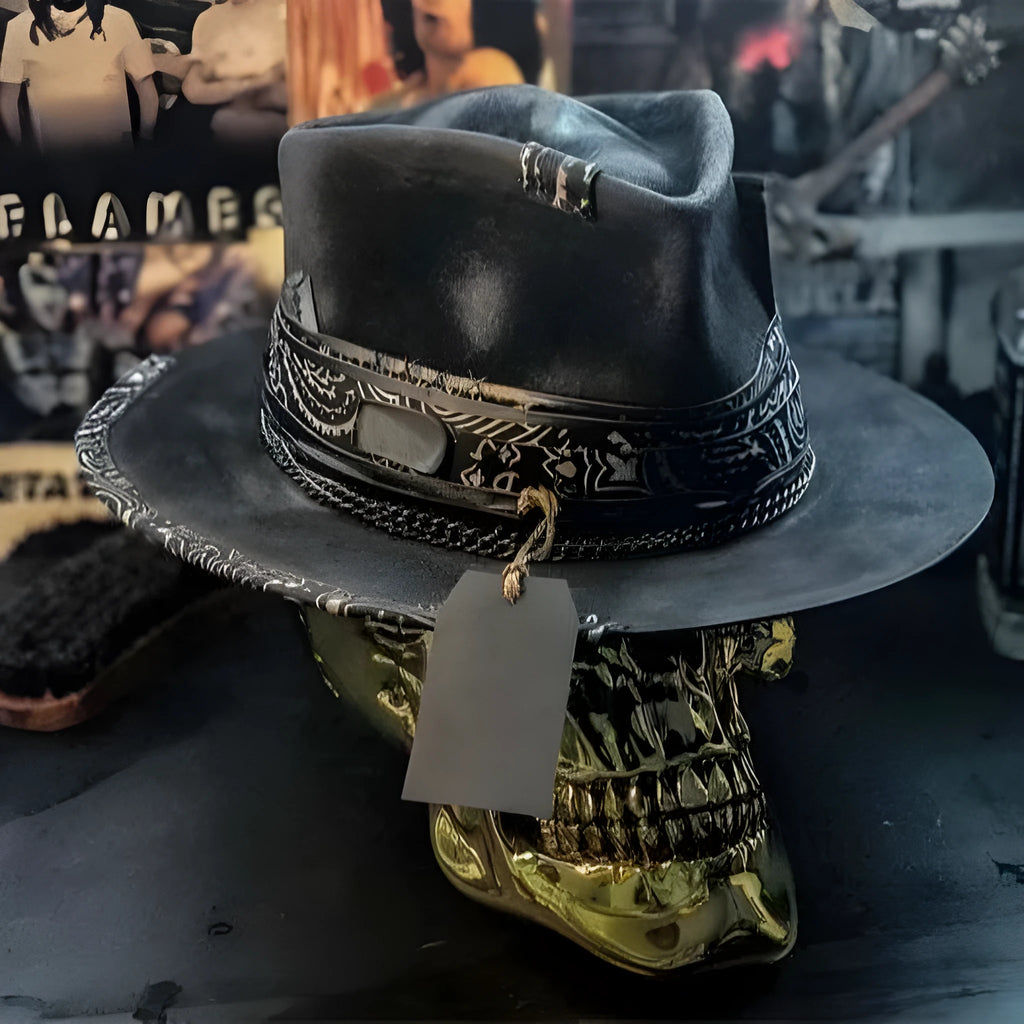 Handmade felt denim wool skull hat with cone crown in skull pattern colour