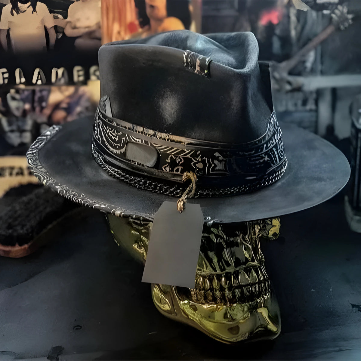 Handmade felt denim wool skull hat with cone crown in skull pattern colour