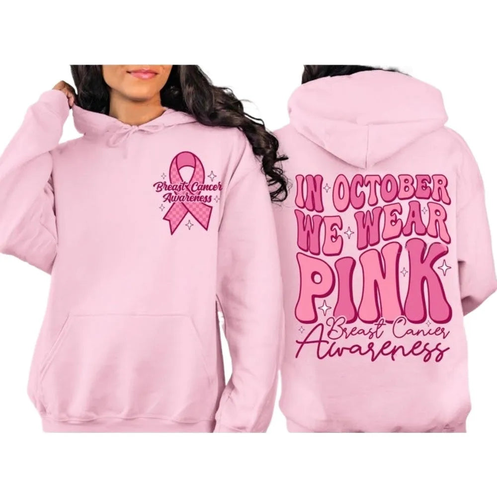 Breast cancer awareness pullover hoodie with retro art design and side seam pocket in pink colour.