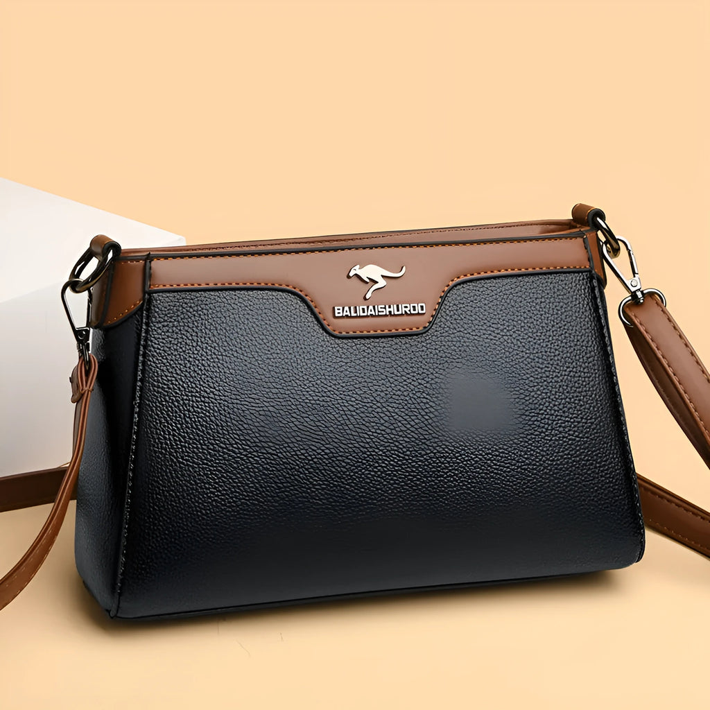 One shoulder soft PU small square stitching women's cross-body bag in black with contrast colour details and double strap