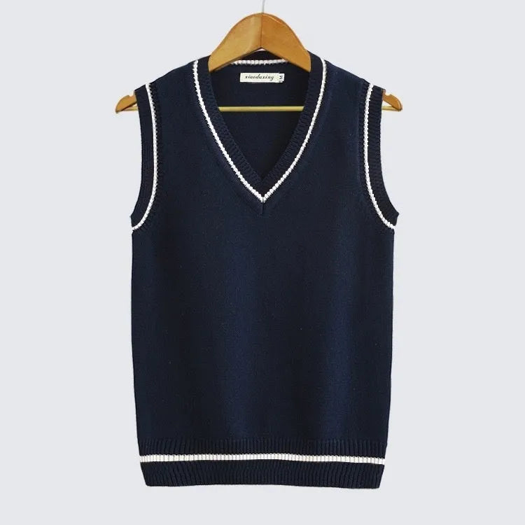 Thick V-neck pullover sleeveless school uniform sweater vest in white, loose fit, contrast colour trim