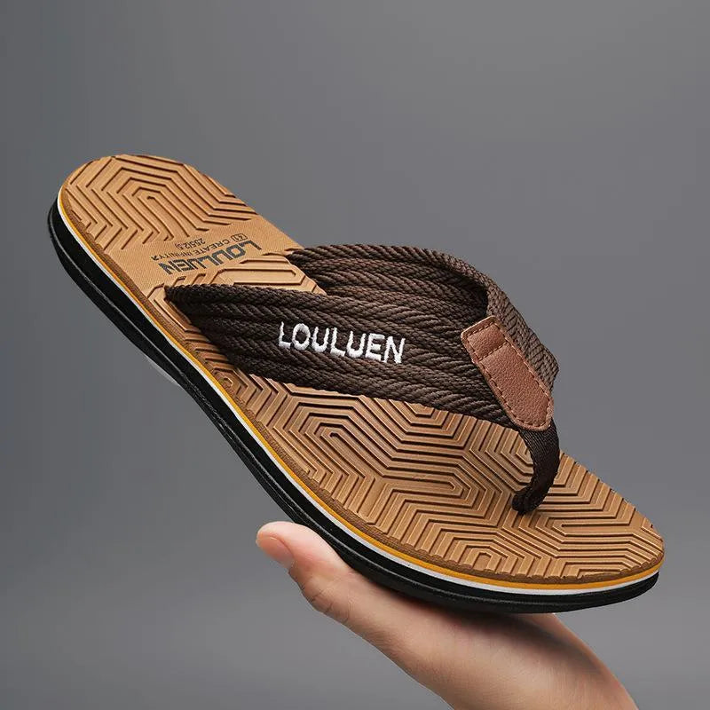 Men's flip flops in black, khaki, or green with a non-slip PVC sole and EVA upper.