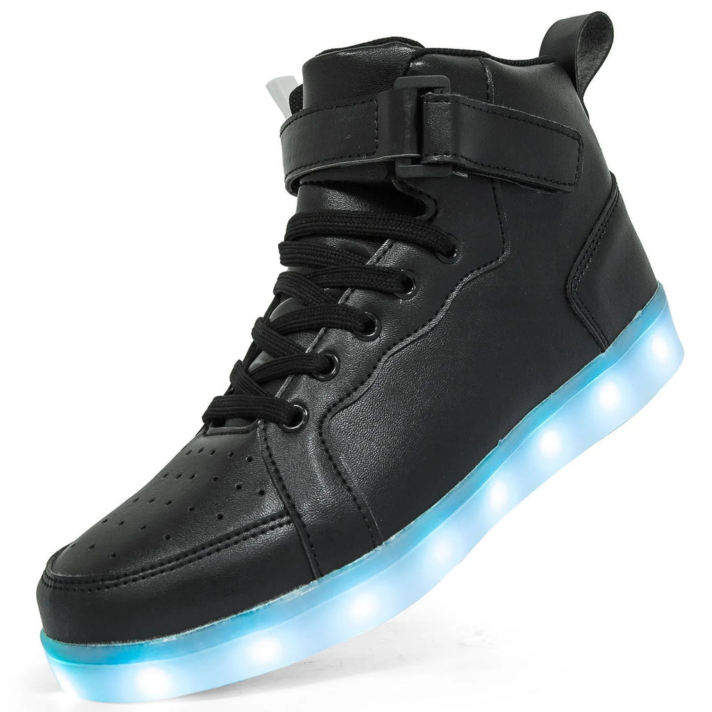 Black high-top LED sneakers with Velcro strap and lit-up soles on a dark background.