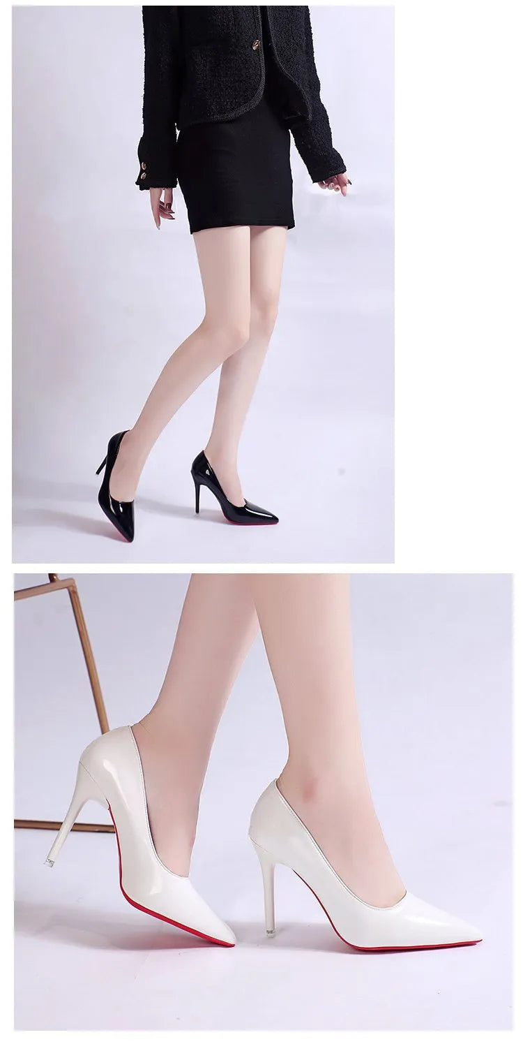 Women's black stiletto heel pump with pointed toe and shallow mouth opening on a white background.