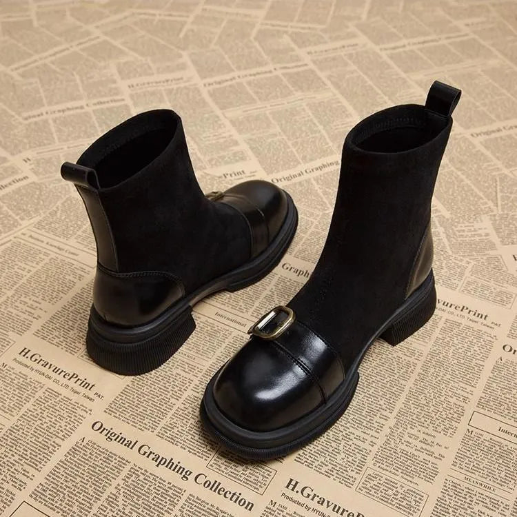 Brown retro British style women's sock boots with block heel and leather splicing detail