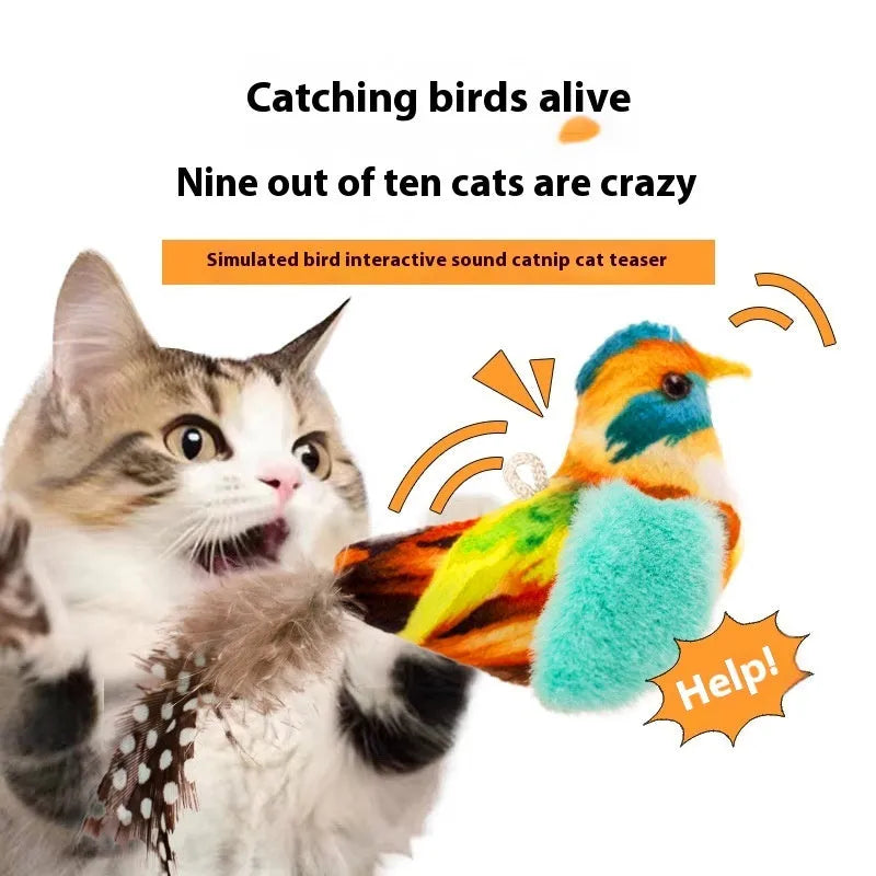 Colourful bird simulation cat plush toy with flapping wings in blue kingfisher design