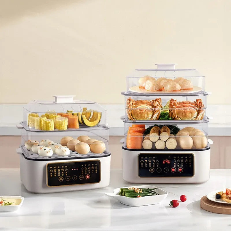 Electric steamer with stainless steel rack and automatic measuring features for household cooking