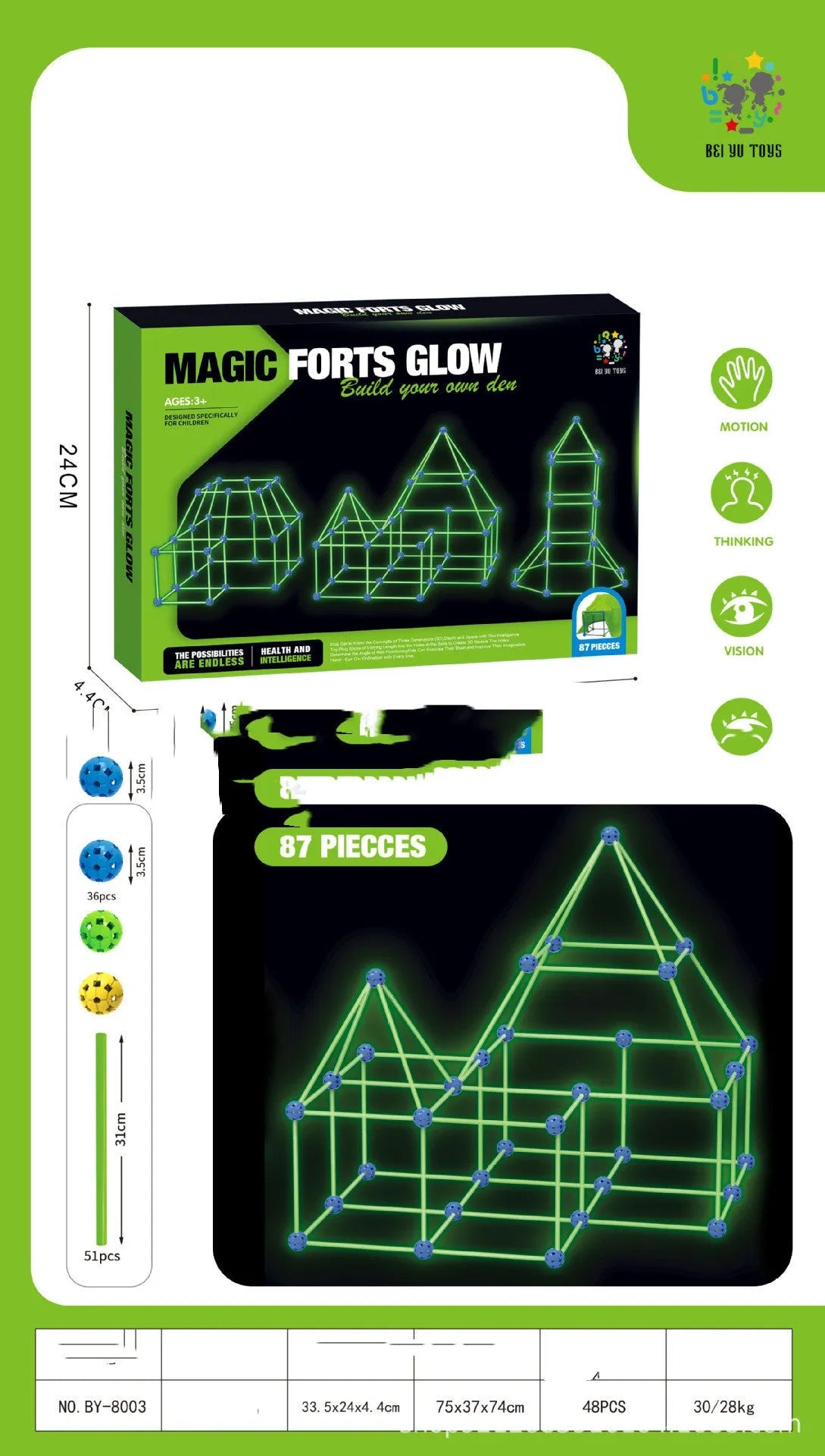 Luminous plastic fort building kit for kids with glowing sticks, balls, and fabric tent