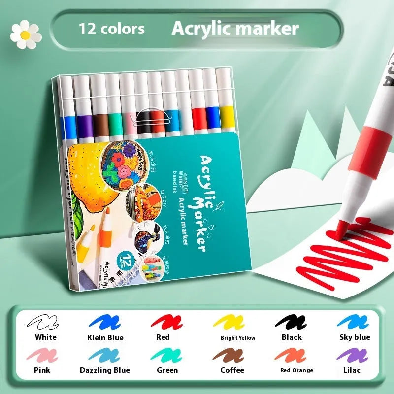 Set of multicolour acrylic marker pens for student art projects, available in boxes of 12 to 80 colours.