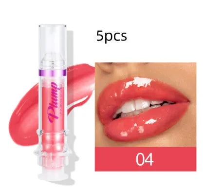 Tube of lip gloss showing shiny finish, available in six different colour shades.