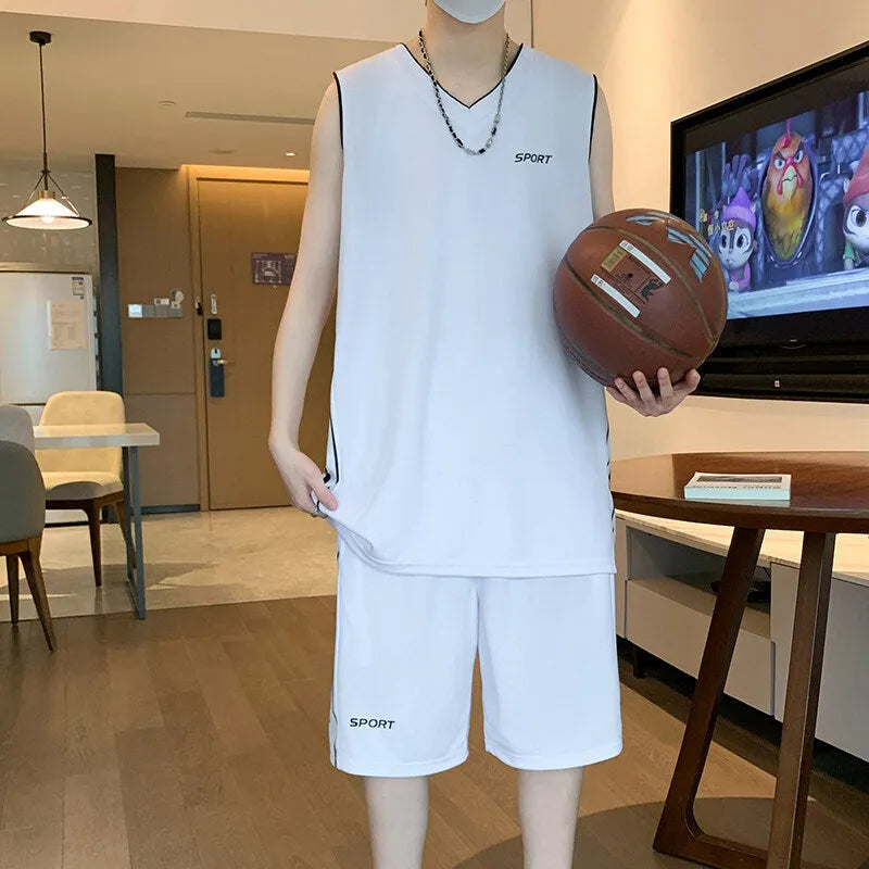 Men's black polyester basketball sports suit consisting of a sleeveless vest top and matching shorts.