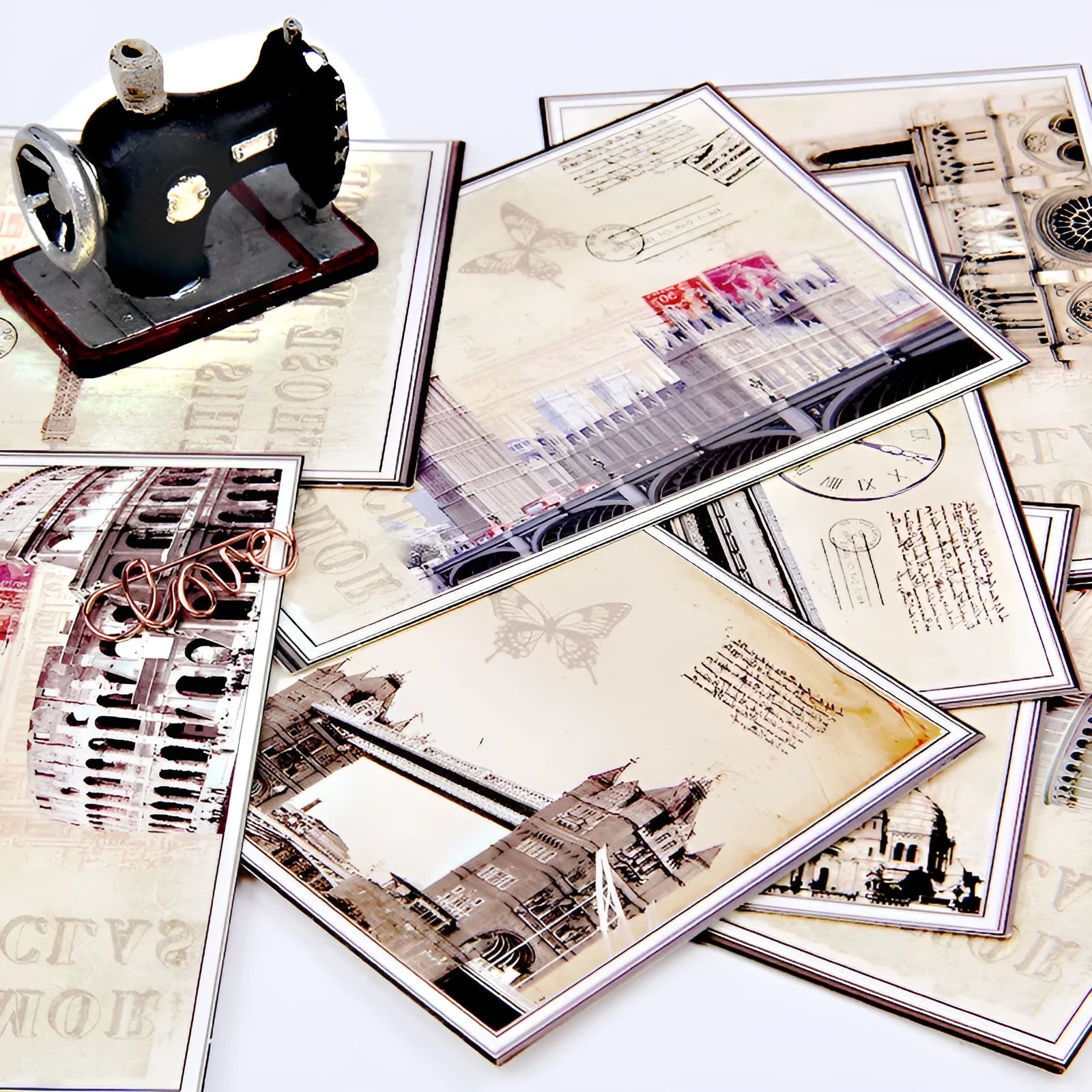 Set of nine minimalist cartoon style postcards depicting global landmarks including a retro Paris tower.