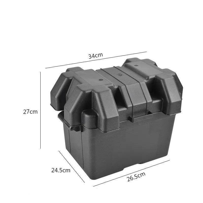 Black battery storage box showing strap and screw fixing system with internal compartment