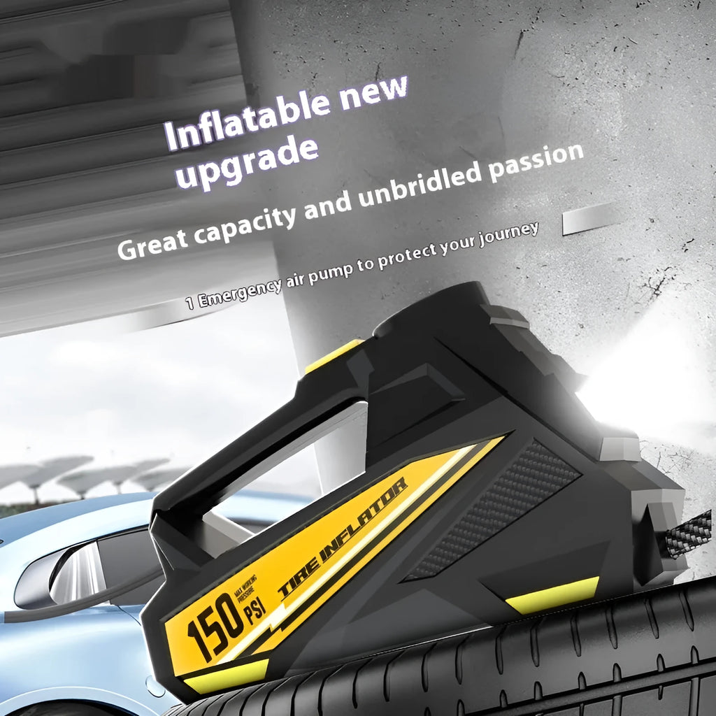 Black vehicle-mounted tyre inflator with digital display and LED light feature